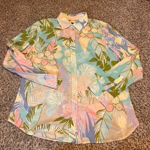 Talbots Women's Button Down Shirt Tropical Floral Print Blue Pink Green Size Med